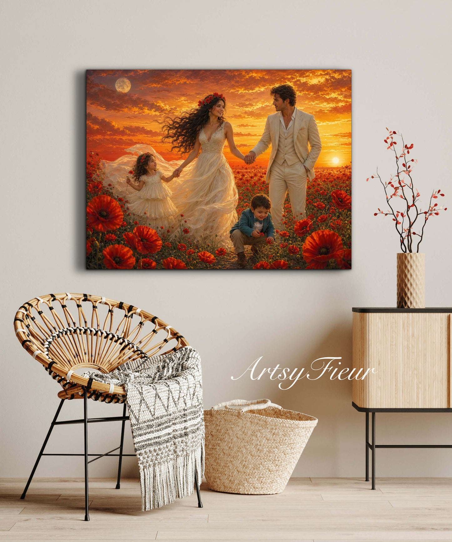 Framed Canvas- Vibrant Poppies Field Bride Groom Mother Daughter and Baby boy Portrait Whimsical Full Moon Sunset Fantasy Oil Painting Wall Art Print