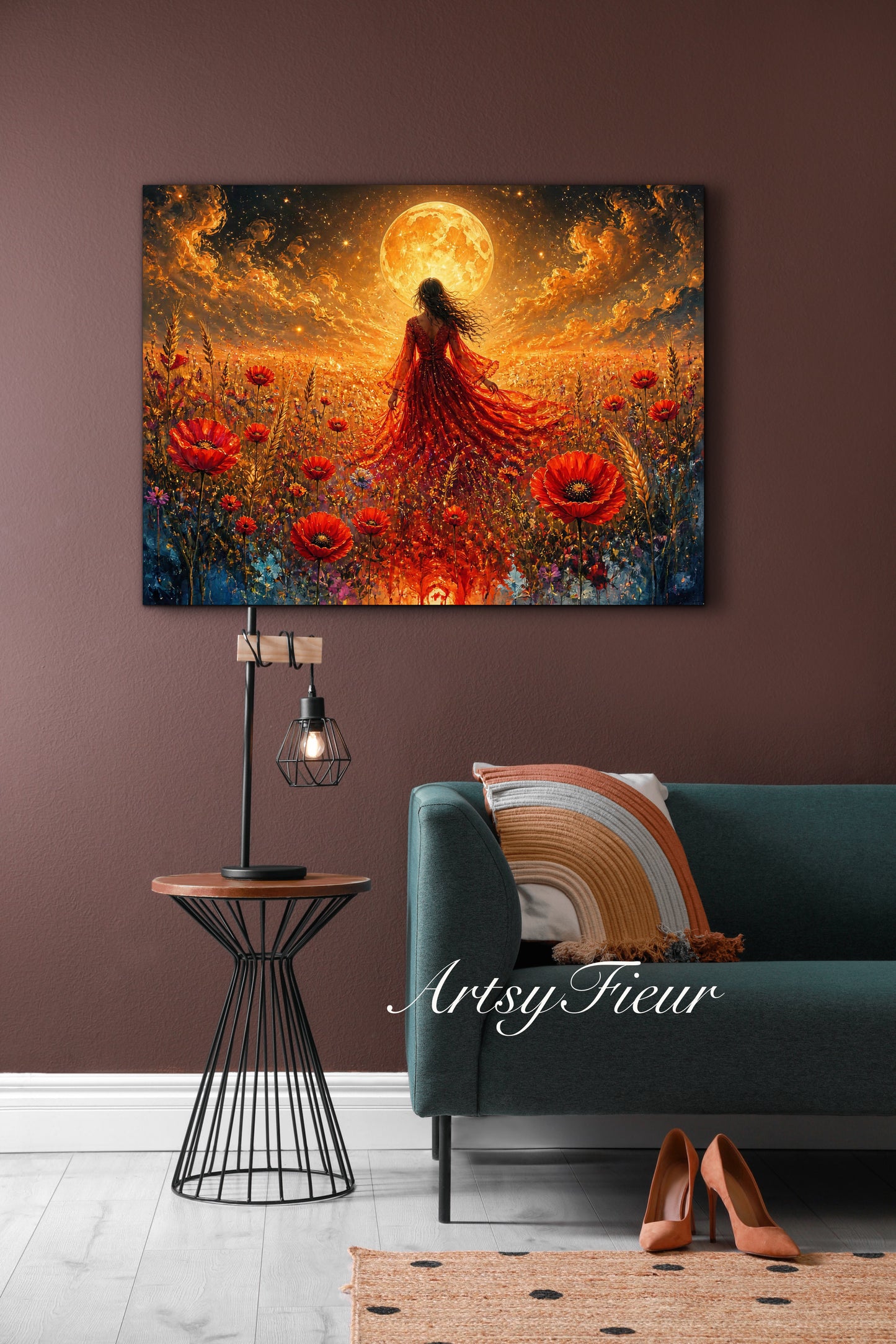 Framed Canvas - Vibrant poppies and wildflowers Whimsical Full Moon starry night sky Bride in Poppy Field, Wall Art Ready to hang original Artwork Print Red Dress