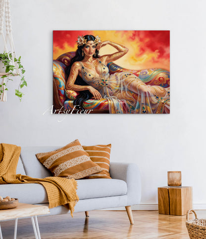 Framed canvas Beautiful Brunette on colourful sofa vibrant wall art abstract portrait, vibrant colours fantasy watercolour painting Ready to Hang Living Room Wall Art Print
