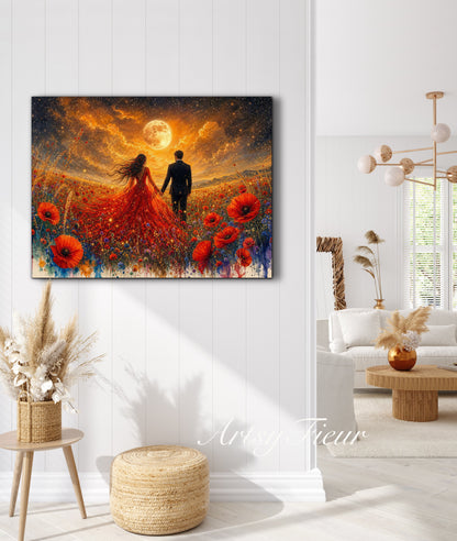 Framed canvas- whimsical full moon sunset -bride and groom, wedding gift, fantasy oil painting bedroom wall art print floral poppies field colourful vibrant colours