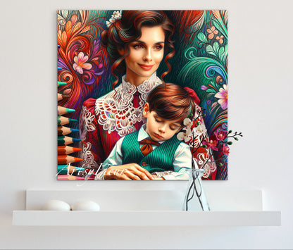 Framed canvas print Mother and son abstract coloured crayons portrait vibrant wall art
