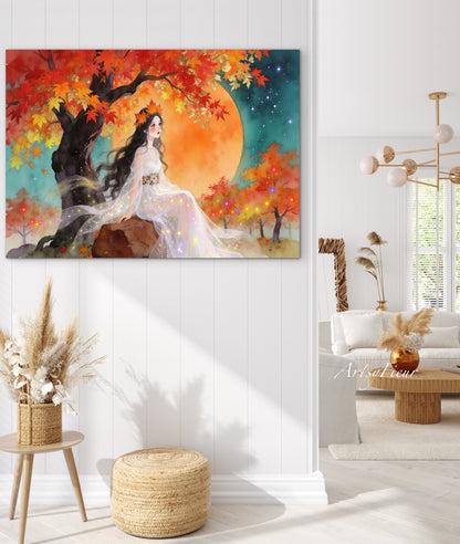 Framed Canvas- Vibrant Colours Beautiful Brunette Asian Woman Under the Maple Tree Abstract Portrait Original Artwork Fantasy Autumn Wall Art Print
