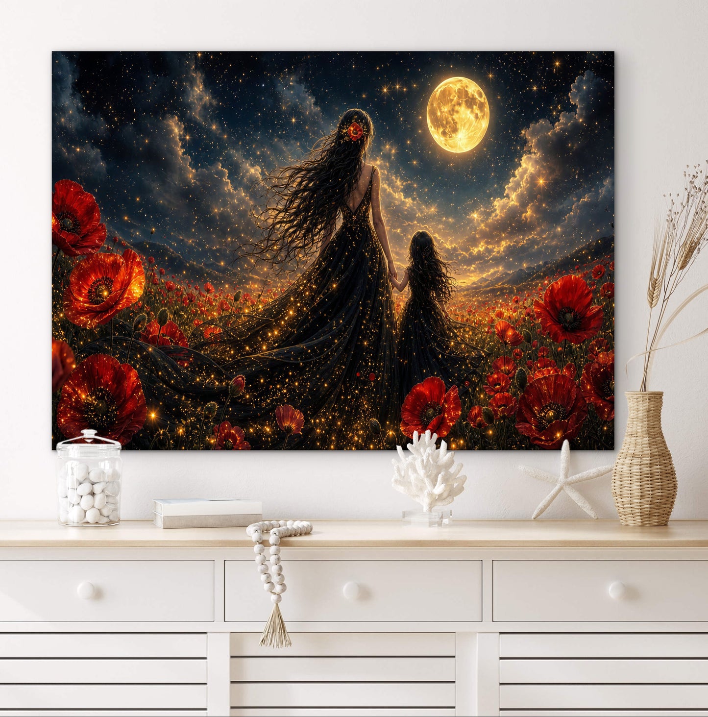 Framed Canvas- Vibrant Poppies Field Mother and Daughter Portrait Whimsical Full Moon Sunset Fantasy Oil Painting Wall Art Print
