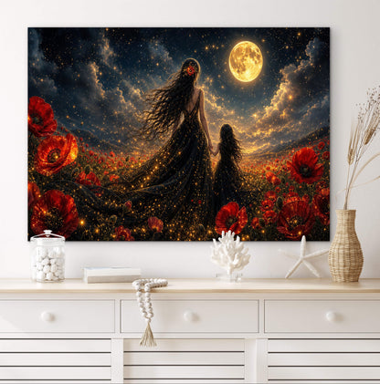 Framed Canvas- Vibrant Poppies Field Mother and Daughter Portrait Whimsical Full Moon Sunset Fantasy Oil Painting Wall Art Print