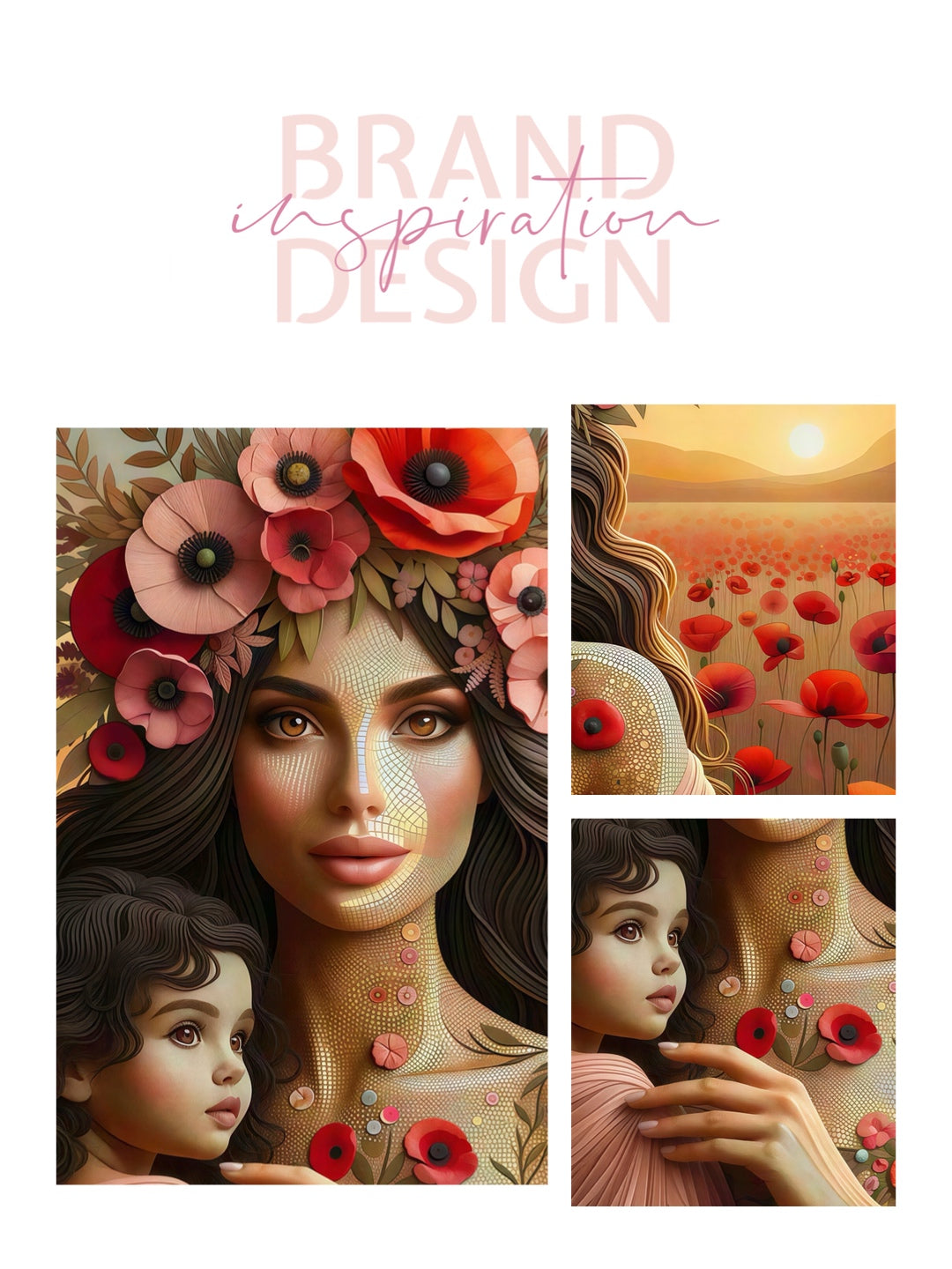 Framed Canvas- Vibrant Poppies Mother and Daughter Portrait Whimsical Full Moon Sunset Fantasy Oil Painting Wall Art Print