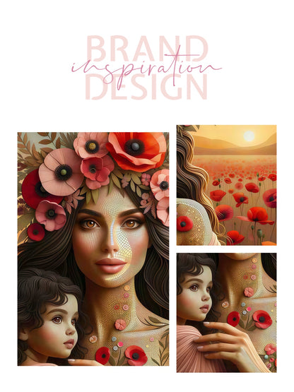 Framed Canvas- Vibrant Poppies Mother and Daughter Portrait Whimsical Full Moon Sunset Fantasy Oil Painting Wall Art Print