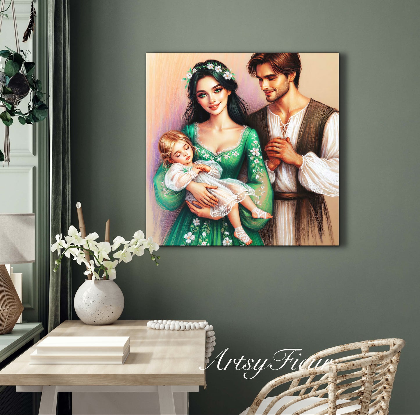 Framed canvas- ready to hang wall art print, colourful drawing abstract family portrait mother and daughter colourful drawing