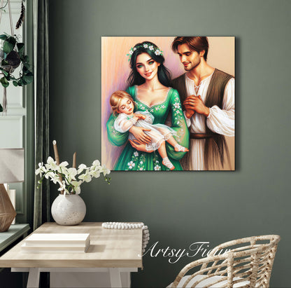 Framed canvas- ready to hang wall art print, colourful drawing abstract family portrait mother and daughter colourful drawing
