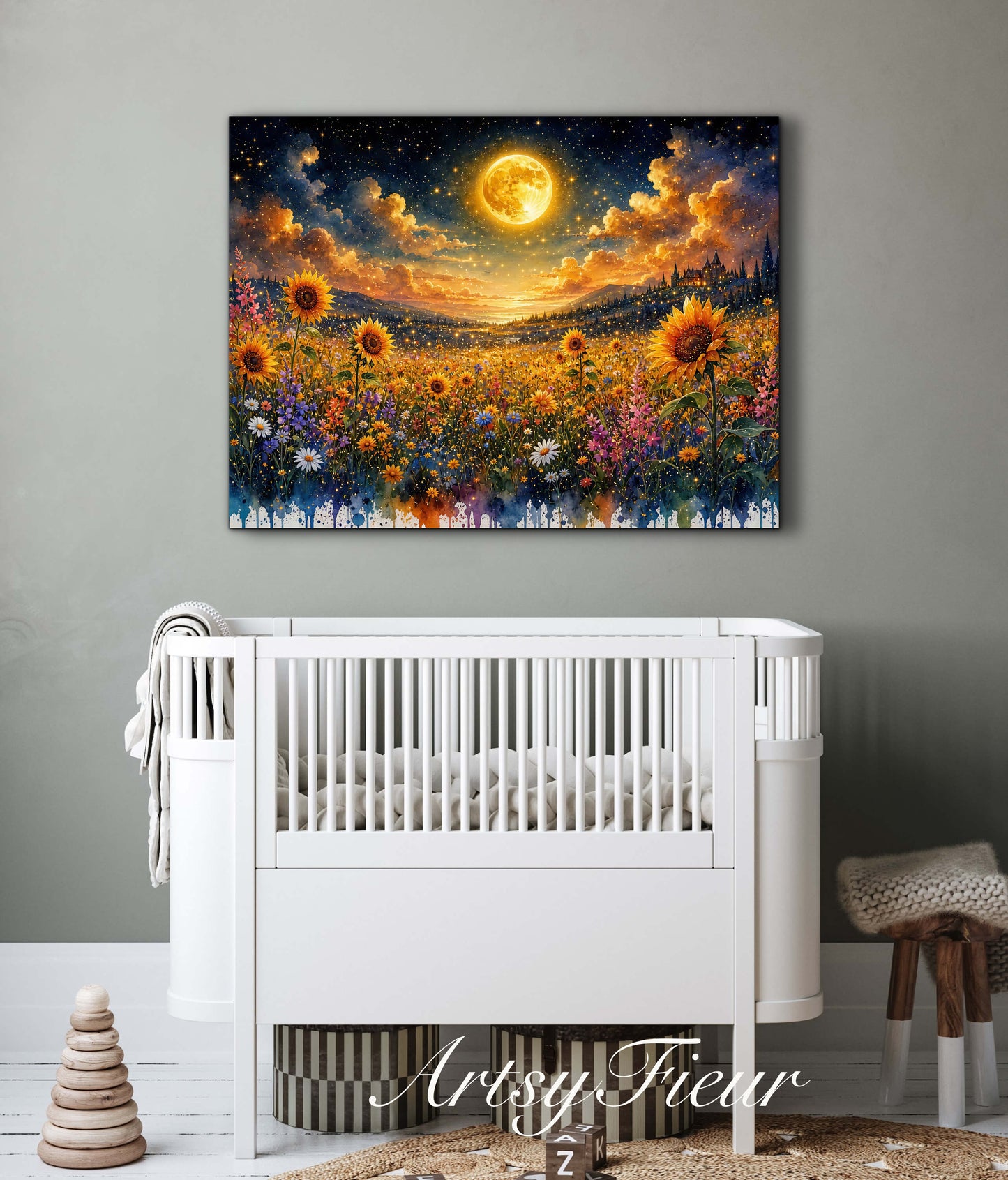 Framed Canvas- Beautiful Vibrant Colours Full Moon Floral Landscape, Wildflowers and Sunflowers Field under Night Sky Living Room Wall Art