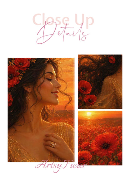 Framed Canvas - Vibrant Poppies Whimsical Full Moon Bride in Poppy Field, Wall Art Ready to hang Oil Painting Original Artwork Print