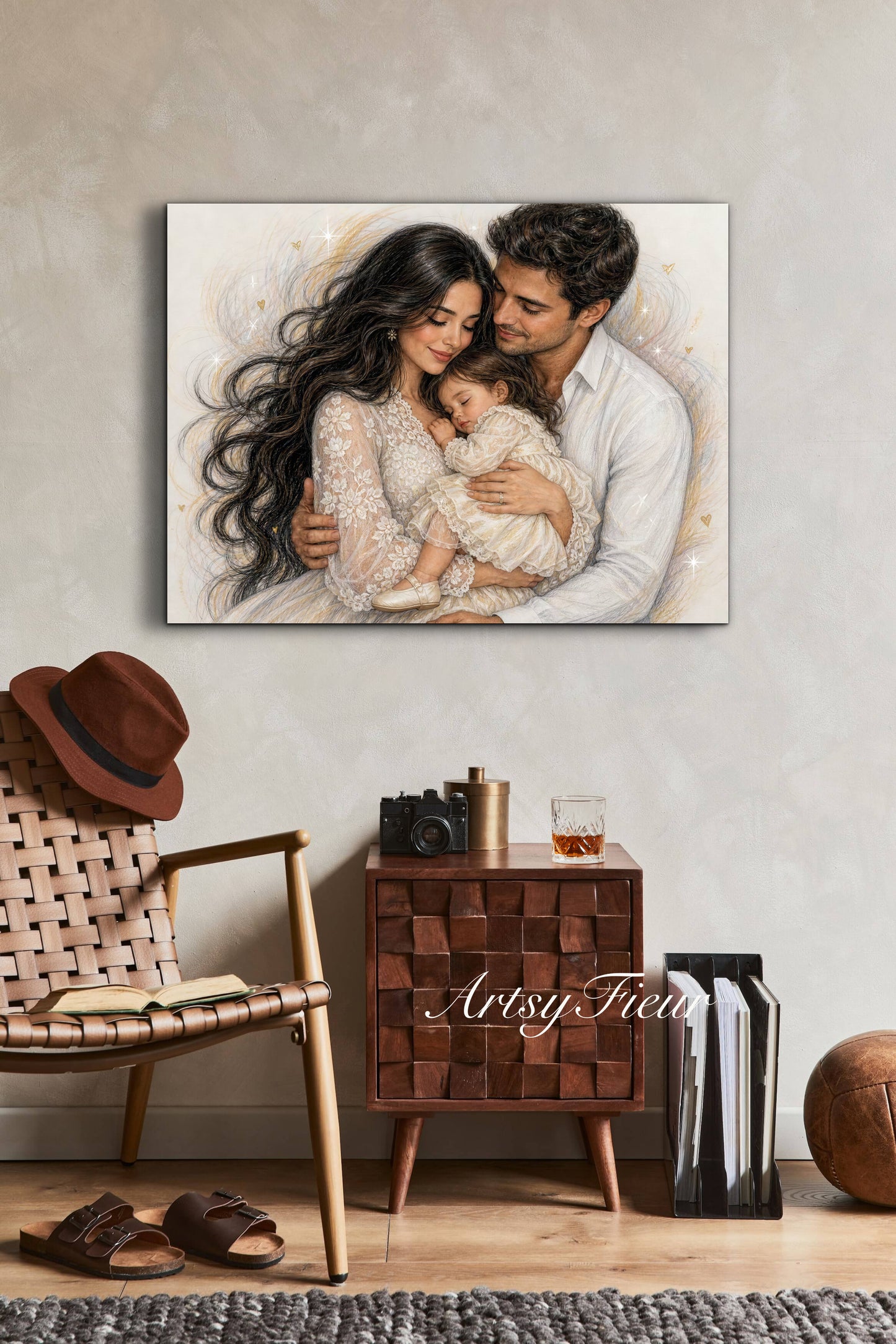 Framed Canvas- Vibrant Mother and Daughter Dad Family Portrait Fantasy Drawing Wall Art Print