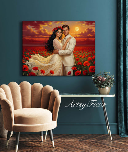 Framed canvas- whimsical full moon sunset bride and groom, wedding, poppy field, vibrant colours living room original artwork, fantasy oil painting wall art print