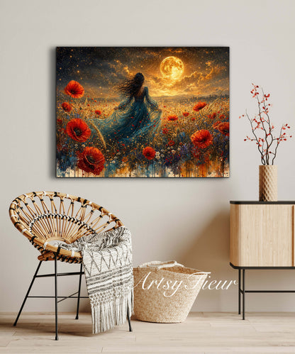 Framed Canvas - Vibrant poppies and wildflowers Whimsical Full Moon starry night sky Bride in Poppy Field, Wall Art Ready to hang original Artwork Print Blue Dress