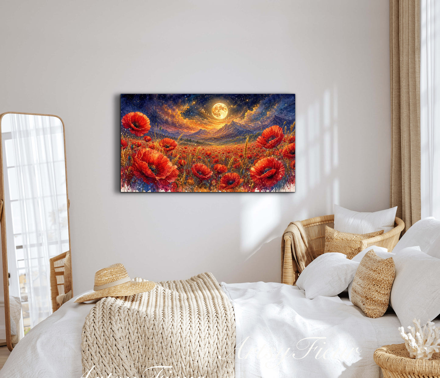 ArtsyFieur Framed Canvas - vibrant poppies whimsical lights full moon living room colourful wall art
