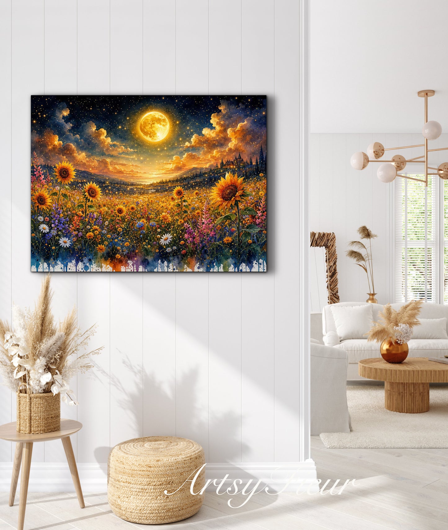 Framed Canvas- Beautiful Vibrant Colours Full Moon Floral Landscape, Wildflowers and Sunflowers Field under Night Sky Living Room Wall Art