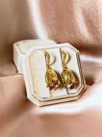 Flower Dangle Earrings Gold Tulip Crystal Handmade Statement Floral Earrings 18k Gold Plated Hypoallergenic