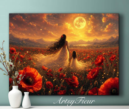 Framed Canvas- Vibrant Poppies Field Bride Mother and Daughter Portrait Whimsical Full Moon Sunset Fantasy Oil Painting Wall Art Print