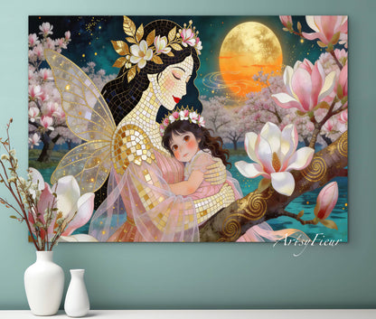 Framed Canvas- Vibrant Magnolia Flowers Mother and Daughter Portrait Original ArtworkFantasy Wall Art