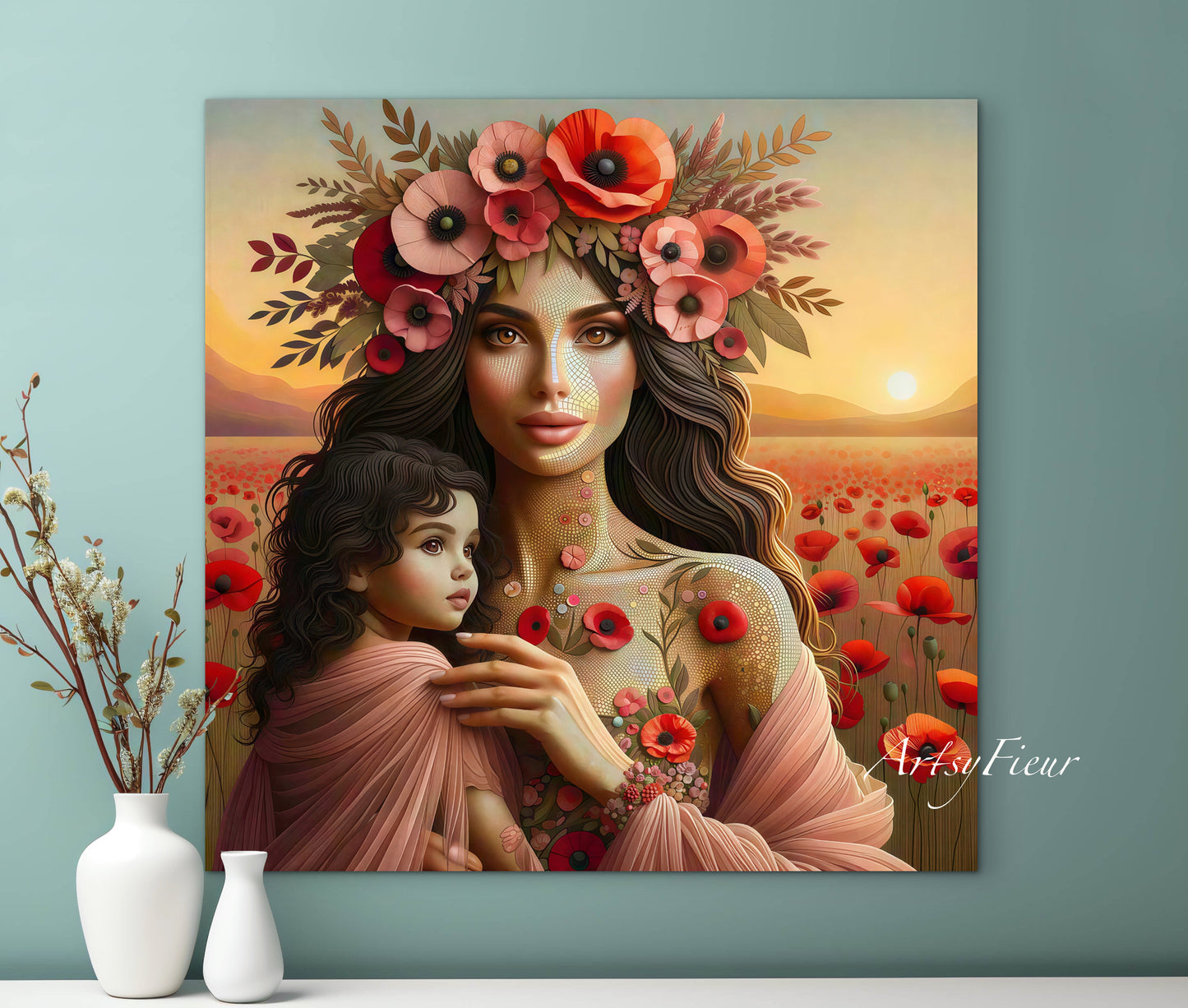 Framed Canvas- Vibrant Poppies Mother and Daughter Portrait Whimsical Full Moon Sunset Fantasy Oil Painting Wall Art Print