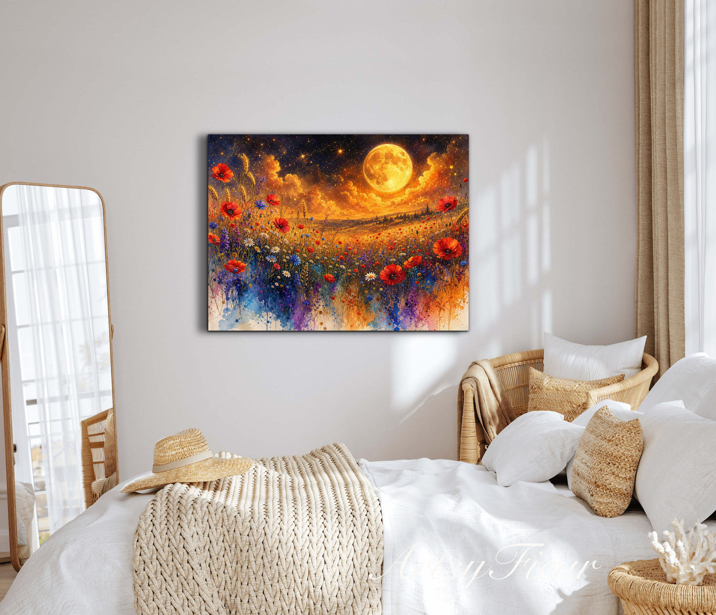 Framed Canvas Print- Vibrant Wildflowers and Poppies Oil Painting Textured Wall Art , Beautiful Original Artwork Ready to Hang Living Room, Floral