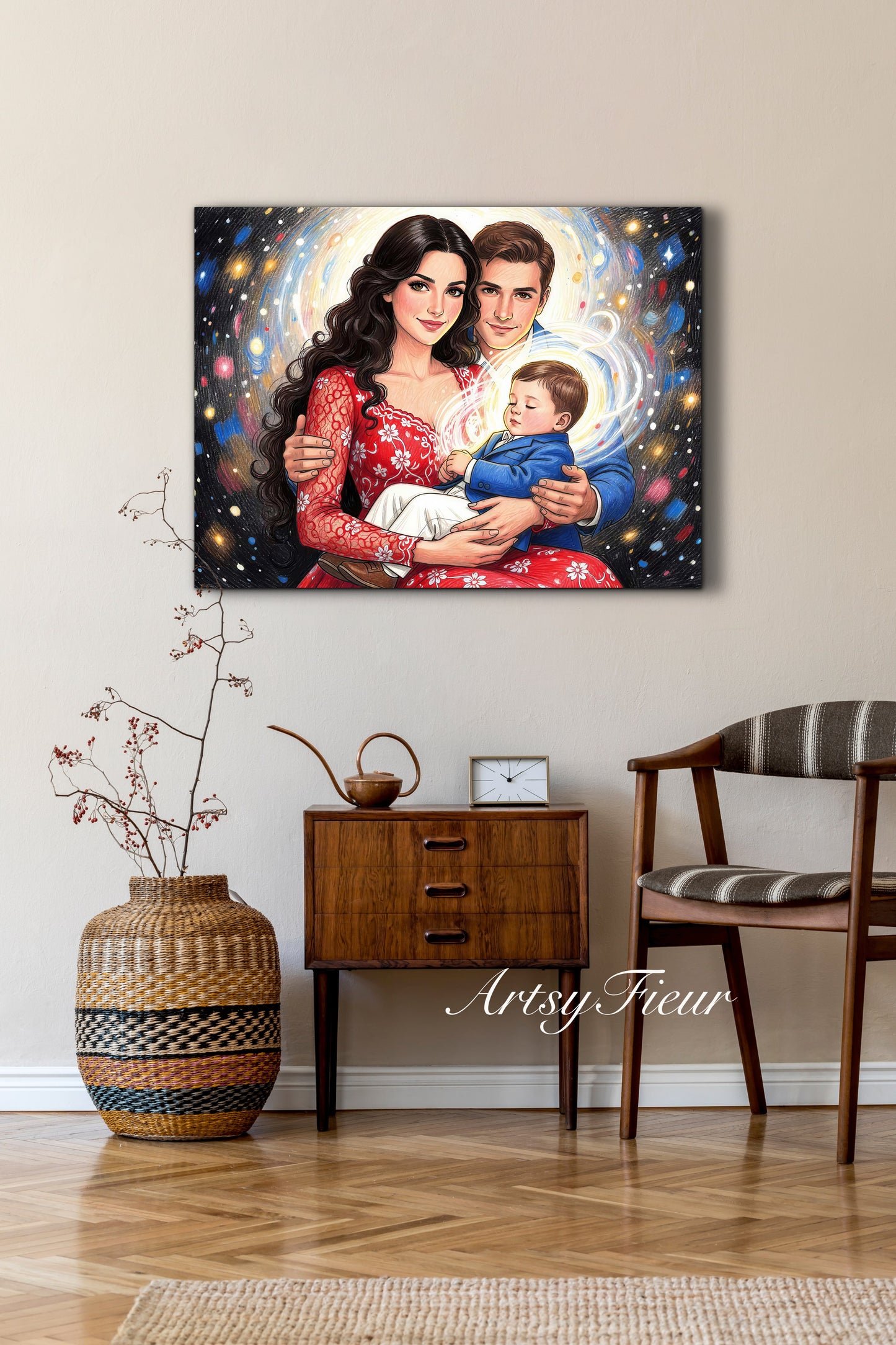 Framed Canvas- Vibrant Mother and Son Dad Family Portrait Fantasy Drawing Wall Art Print