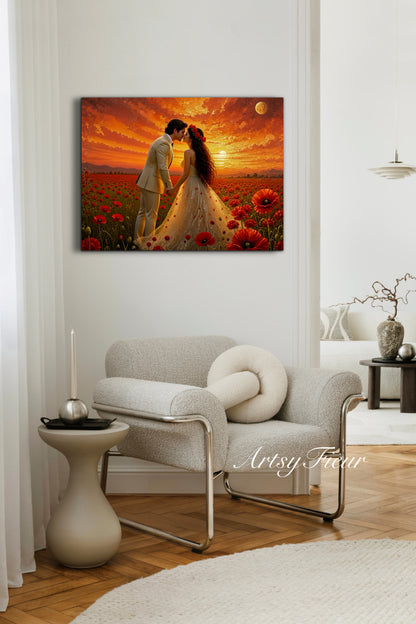 Framed canvas- whimsical full moon sunset bride and groom, wedding, poppy field, vibrant colours living room original artwork, fantasy oil painting wall art print