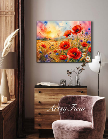 Framed Canvas Print- Vibrant Wildflowers and Poppies Oil Painting Textured Wall Art , Beautiful Original Artwork Ready to Hang Living Room, Floral