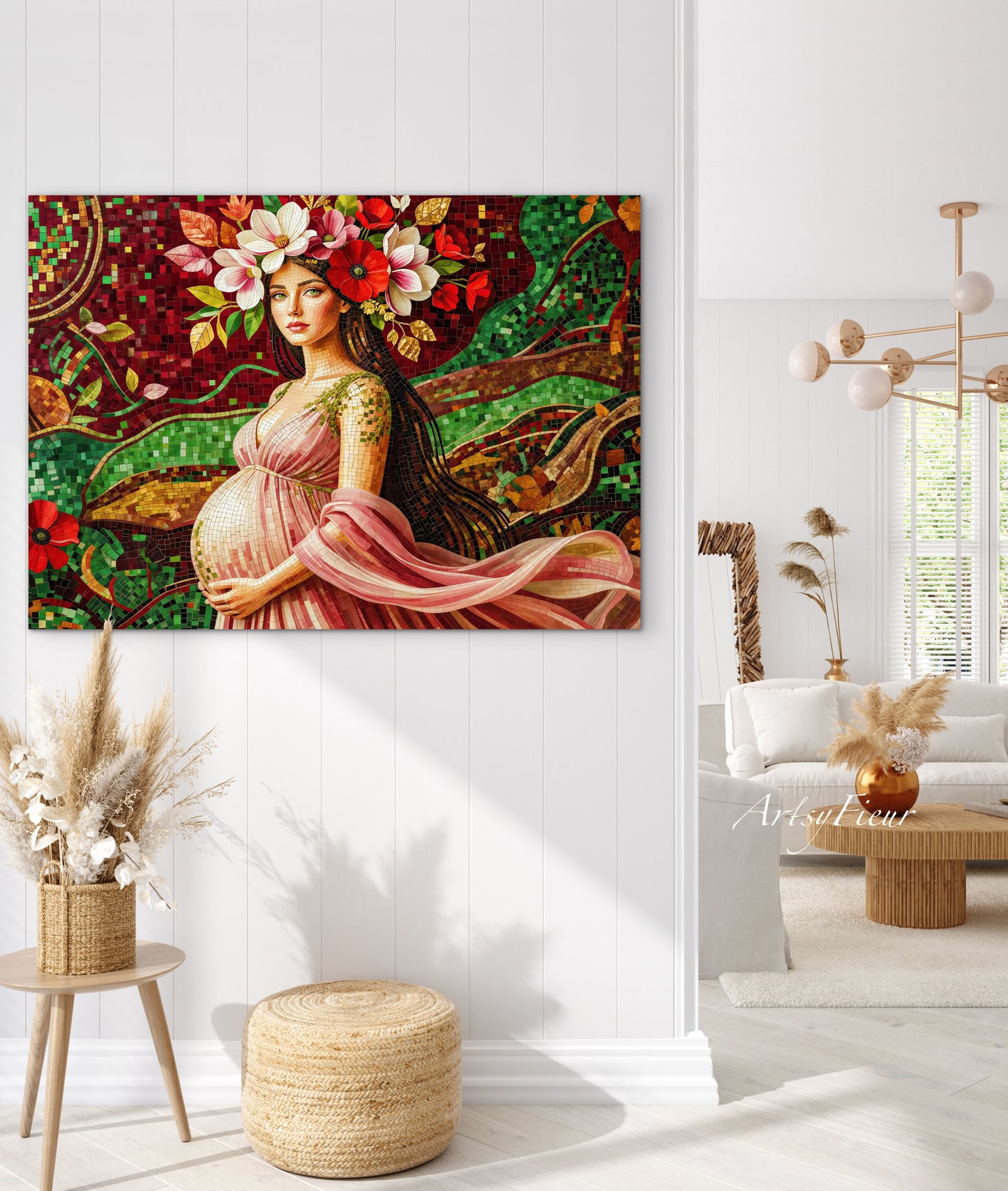 Framed Canvas- Vibrant Magnolia Flowers Beautiful Brunette Pregnant Woman’s Abstract Portrait Mosaic Original Artwork Fantasy Wall Art Print Mother Nature