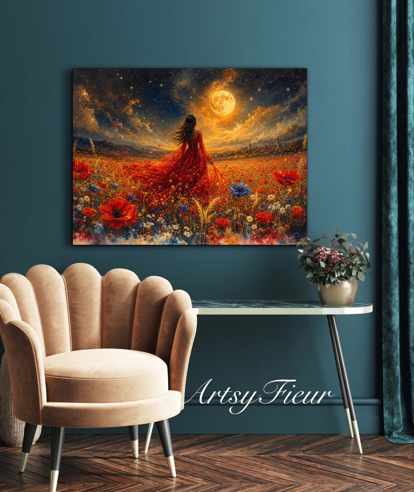 Framed Canvas - Vibrant poppies and wildflowers Whimsical Full Moon starry night sky Bride in Poppy Field, Wall Art Ready to hang original Artwork Print Red Dress