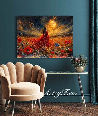 Framed Canvas - Vibrant poppies and wildflowers Whimsical Full Moon starry night sky Bride in Poppy Field, Wall Art Ready to hang original Artwork Print Red Dress