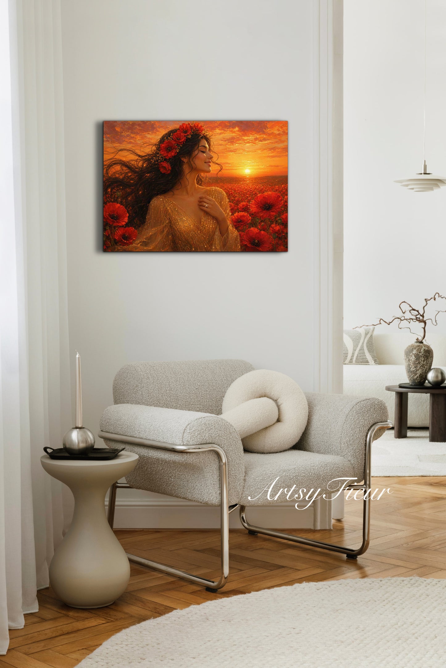 Framed Canvas - Vibrant Poppies Whimsical Full Moon Bride in Poppy Field, Wall Art Ready to hang Oil Painting Original Artwork Print