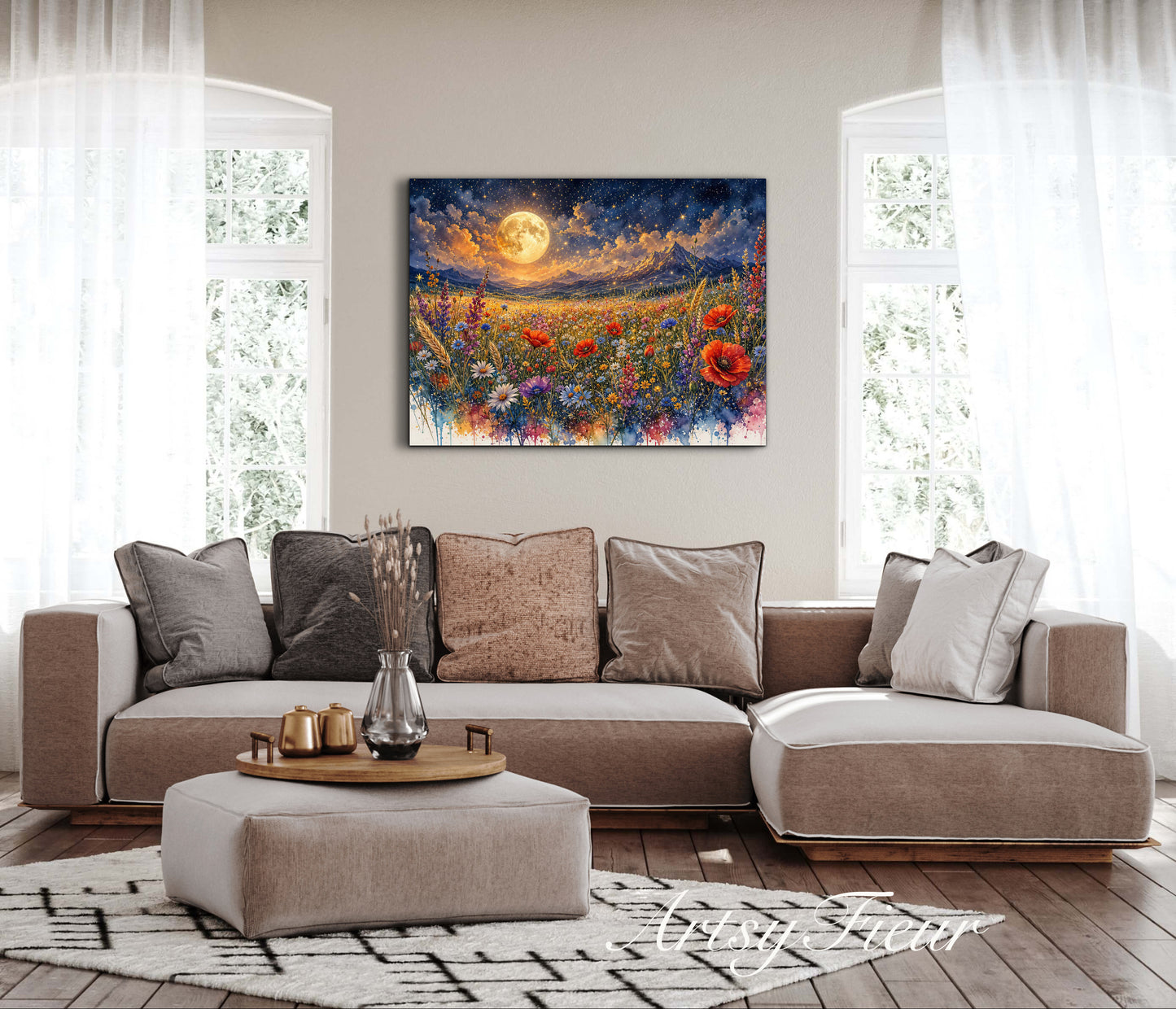 Framed Canvas Print- Vibrant Wildflowers and Poppies Oil Painting Textured Wall Art , Beautiful Original Artwork Ready to Hang Living Room, Floral