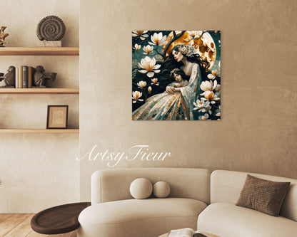Framed canvas- ready to hang wall art print, abstract mother and daughter portrait Mosaic Magnolia Flowers Whimsical Full Moon