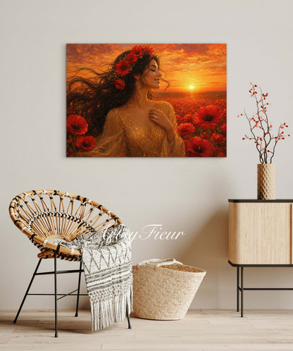 Framed Canvas - Vibrant Poppies Whimsical Full Moon Bride in Poppy Field, Wall Art Ready to hang Oil Painting Original Artwork Print