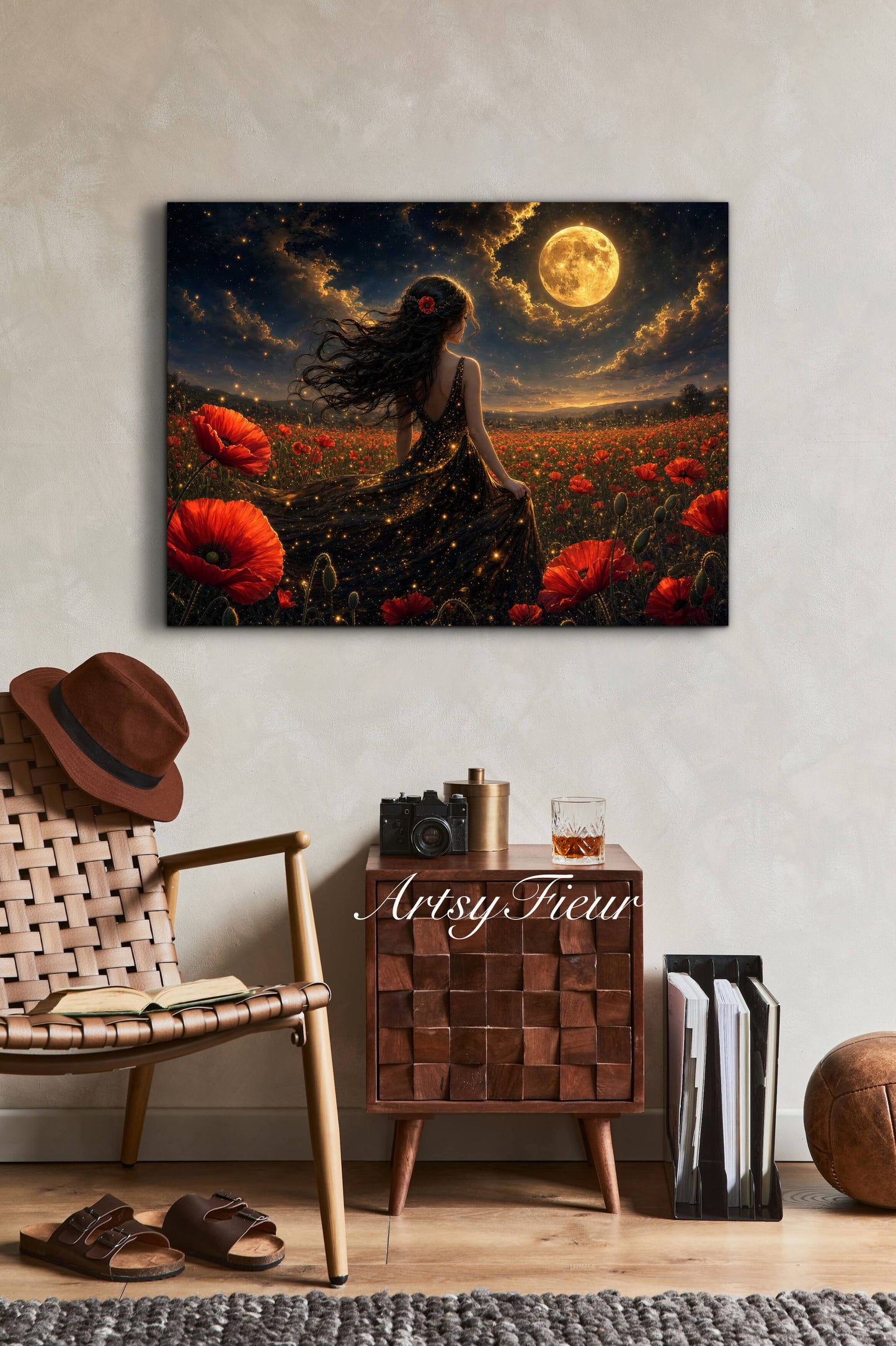 Framed Canvas - Vibrant Poppies Whimsical Full Moon Bride in Poppy Field, Wall Art Ready to hang Oil Painting Original Artwork Print Black Wedding Dress