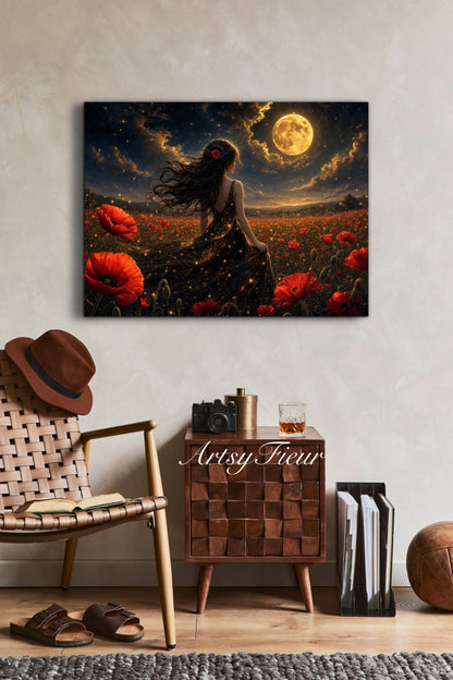 Framed Canvas - Vibrant Poppies Whimsical Full Moon Bride in Poppy Field, Wall Art Ready to hang Oil Painting Original Artwork Print Black Wedding Dress