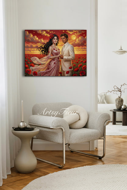 Framed canvas- whimsical full moon sunset bride and groom, wedding, poppy field, vibrant colours living room original artwork, fantasy oil painting wall art print