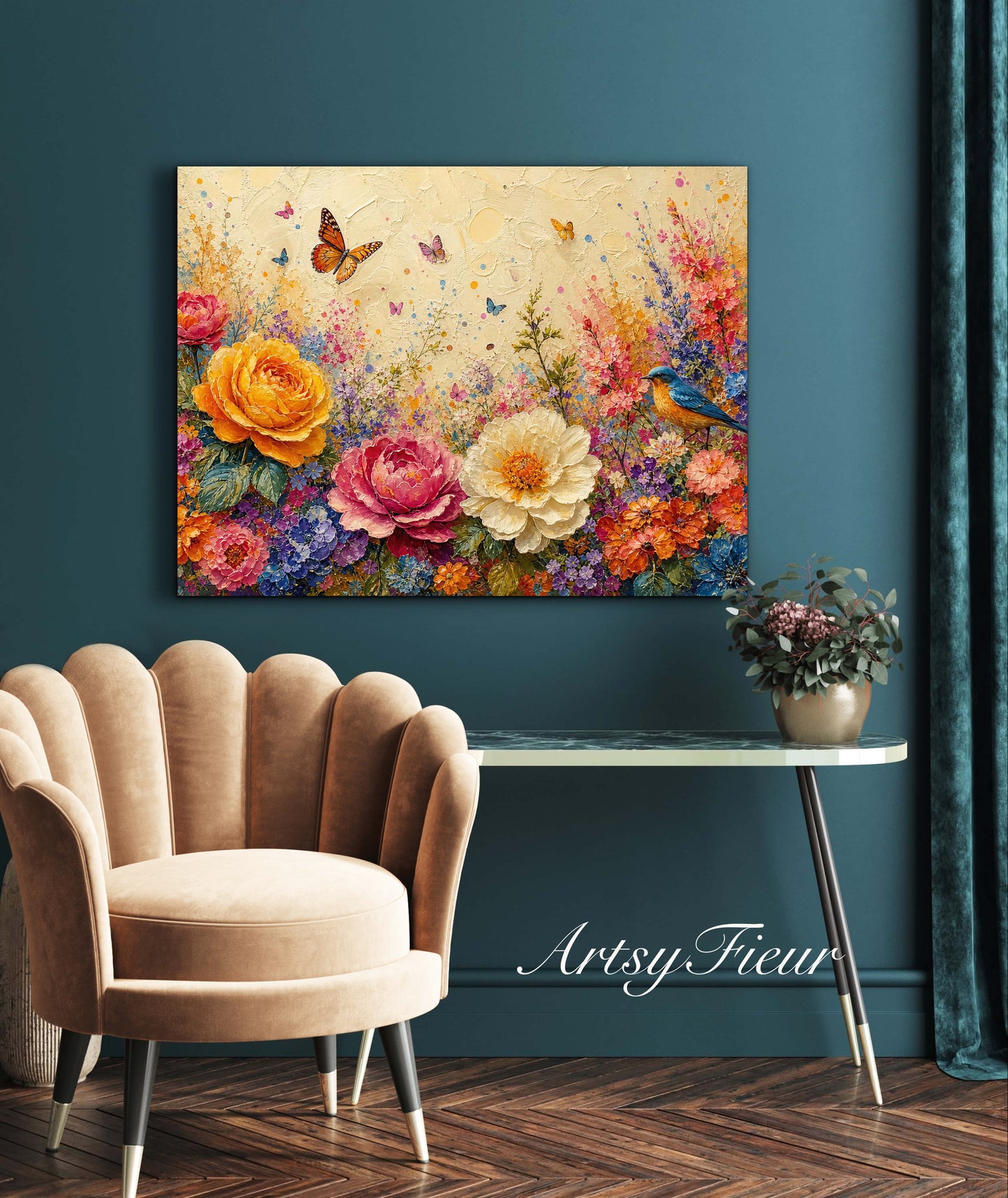 Framed Canvas Print- Vibrant Wildflowers and Petunias Oil Painting Textured Wall Art , Beautiful Original Artwork Ready to Hang Living Room, Floral
