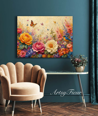 Framed Canvas Print- Vibrant Wildflowers and Petunias Oil Painting Textured Wall Art , Beautiful Original Artwork Ready to Hang Living Room, Floral