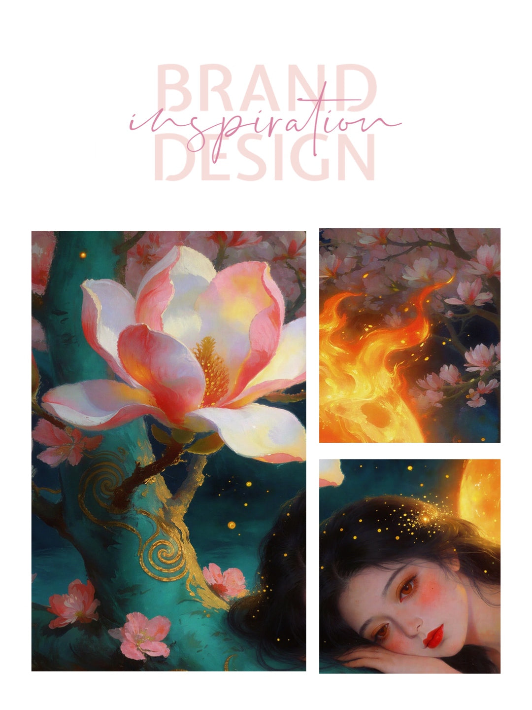 Framed Canvas- Vibrant Magnolia Flowers Beautiful Brunette Asian Woman’s Abstract Portrait Original Artwork Fantasy Wall Art Print