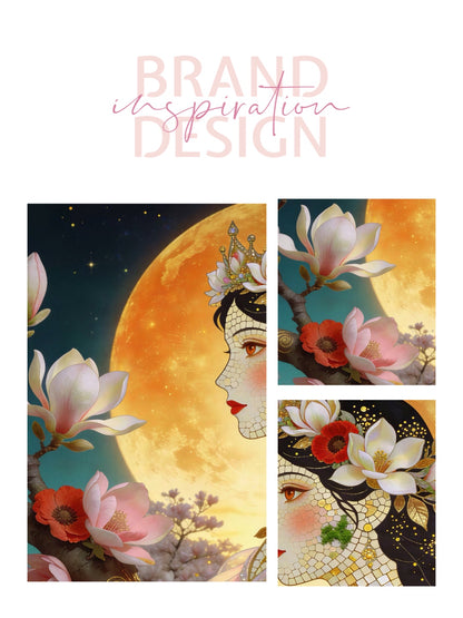 Framed Canvas- Vibrant Magnolia Flowers Beautiful Brunette Woman’s Abstract Portrait Mosaic Original Artwork Fantasy Wall Art Print Mother Nature