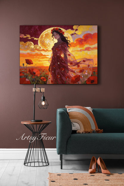 Framed Canvas - Vibrant Poppies Whimsical Full Moon Beautiful Brunette Woman in the Poppy Field, Wall Art Ready to hang Oil Painting Original Artwork Print