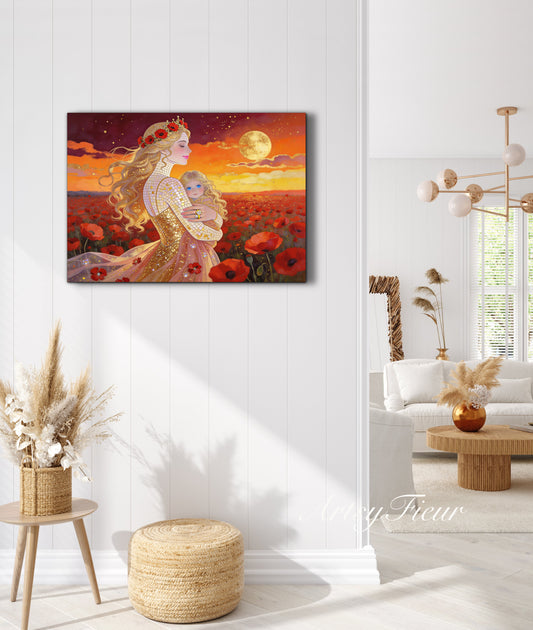 Framed Canvas- Vibrant Poppies Field Mother and Daughter Portrait Whimsical Full Moon Sunset Fantasy Oil Painting Wall Art Print