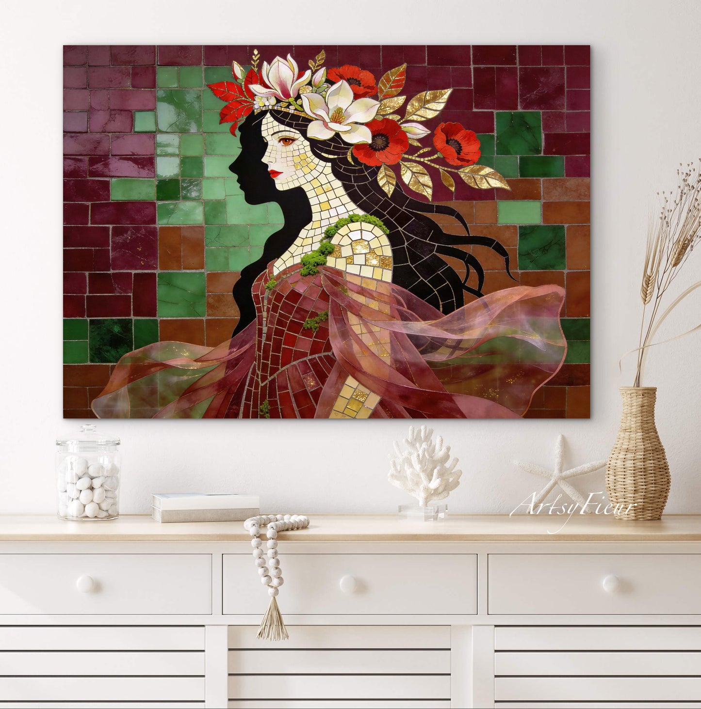Framed Canvas- Vibrant Magnolia Flowers Beautiful Brunette Woman’s Abstract Portrait Mosaic Original Artwork Fantasy Wall Art Print Mother Nature