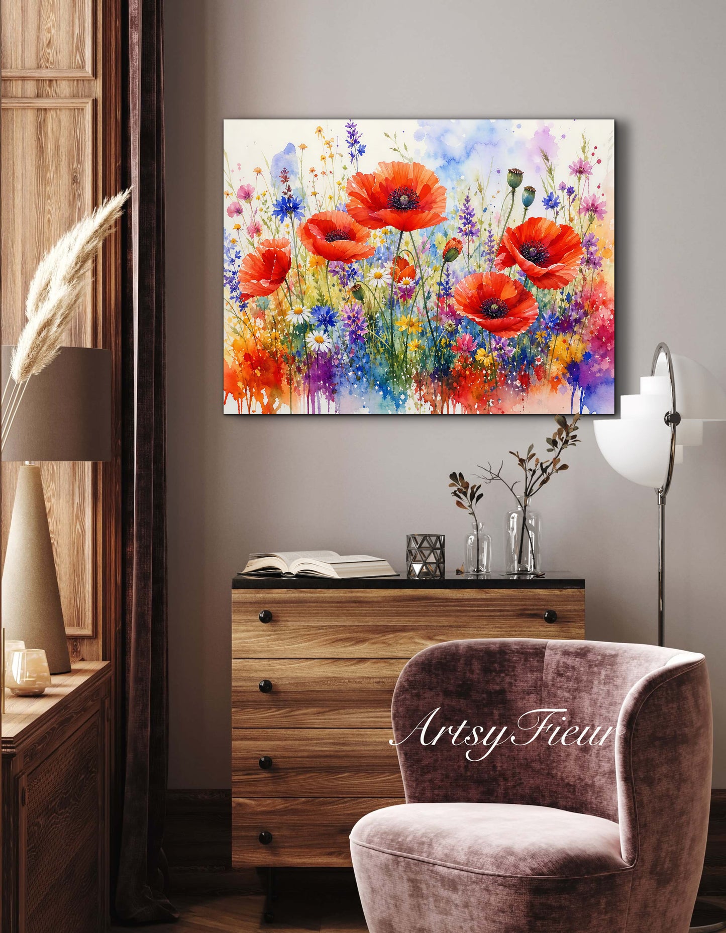 Framed canvas- ready to hand wall art print, beautiful vibrant colours watercolour fantasy painting poppy wildflowers ,floral landscape, unique gift, one of a kind original artwork