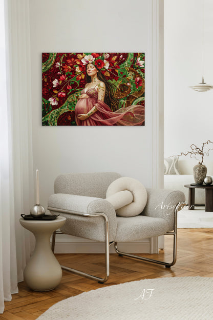 Framed Canvas- Vibrant Magnolia Flowers Beautiful Brunette Pregnant Woman’s Abstract Portrait Mosaic Original Artwork Fantasy Wall Art Print Mother Nature