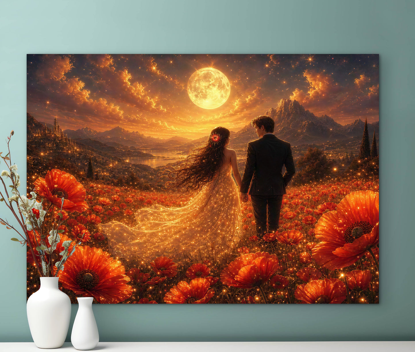 Framed canvas- whimsical full moon sunset bride and groom, wedding, poppy field, vibrant colours living room original artwork, fantasy oil painting wall art print