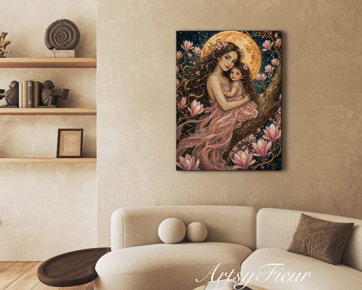 Framed canvas- Abstract Portrait Mosaic Fairy Beautiful Brunette Mother and Daughter Vibrant Magnolia Flowers Fantasy Wall Art Print
