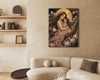 Framed canvas- Abstract Portrait Mosaic Fairy Beautiful Brunette Mother and Daughter Vibrant Magnolia Flowers Fantasy Wall Art Print