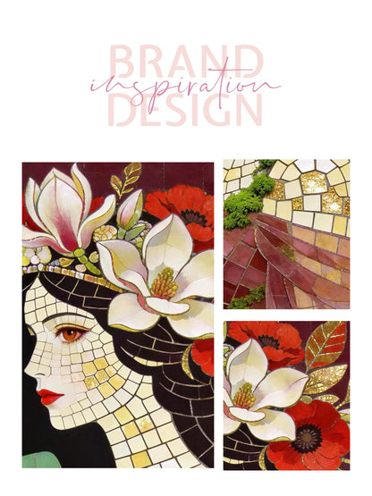 Framed Canvas- Vibrant Magnolia Flowers Beautiful Brunette Woman’s Abstract Portrait Mosaic Original Artwork Fantasy Wall Art Print Mother Nature